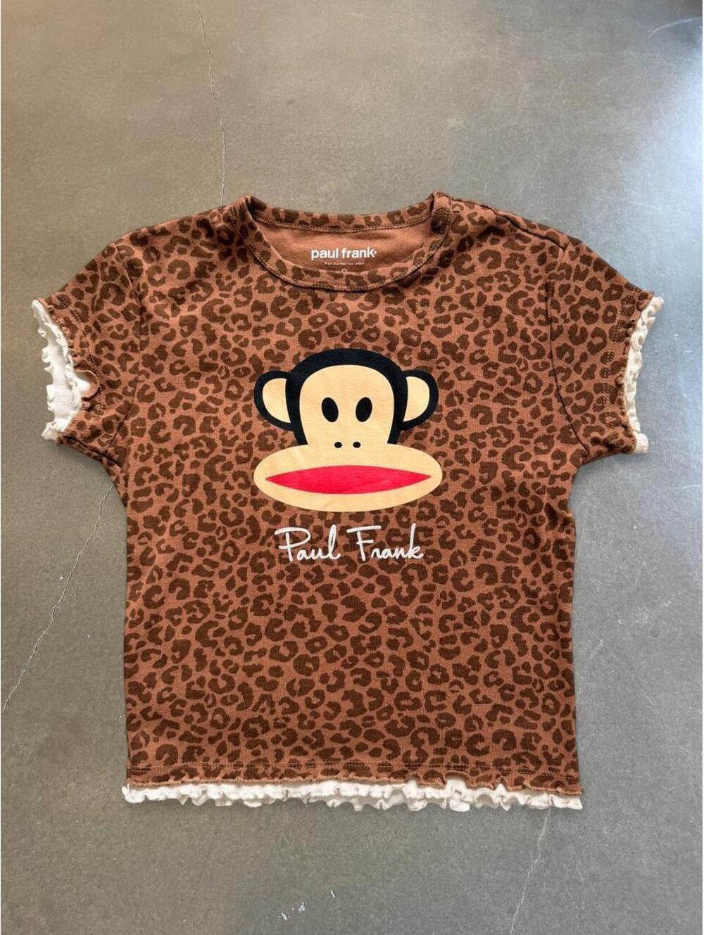 Paul Frank Leopard Print Julius Monkey Graphic Tee Brown Y2K S
